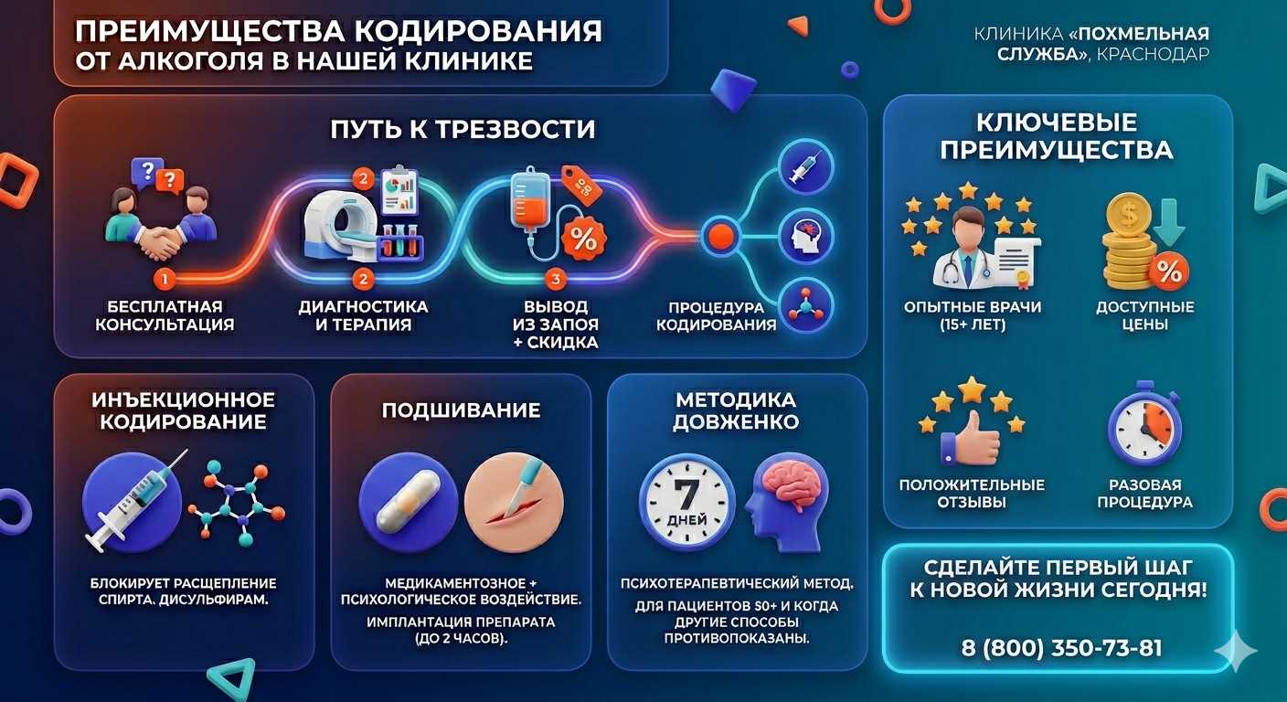 Инфографика о методах кодирования от алкоголя в Коммунаре: инъекции, подшивание, метод Довженко. Преимущества клиники и этапы лечения.