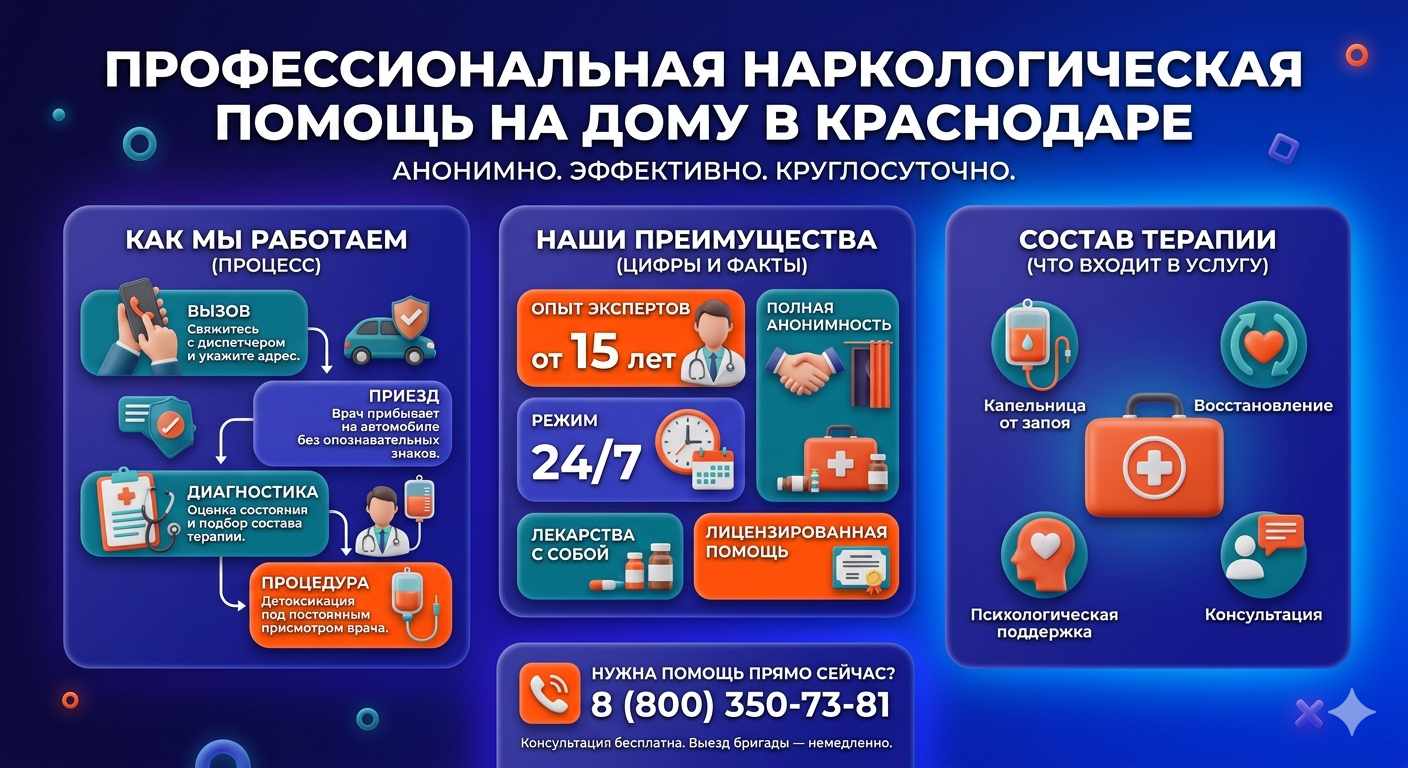 Инфографика о принципах лечения алкоголизма на дому в Коммунаре: этапы вызова нарколога, преимущества анонимной детоксикации и состав медицинской помощи.